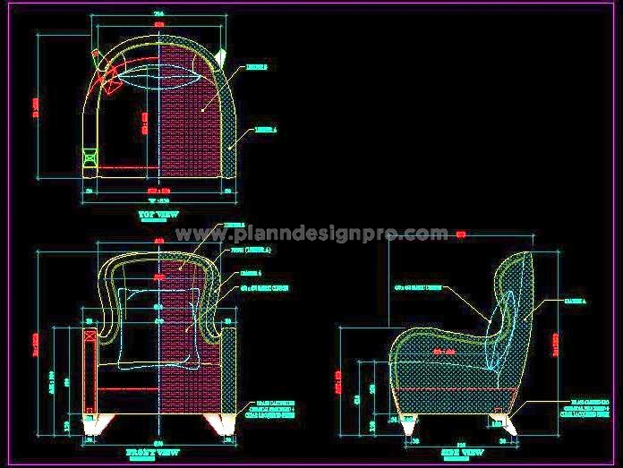 Wing-back Sofa Design CAD with Metal Legs